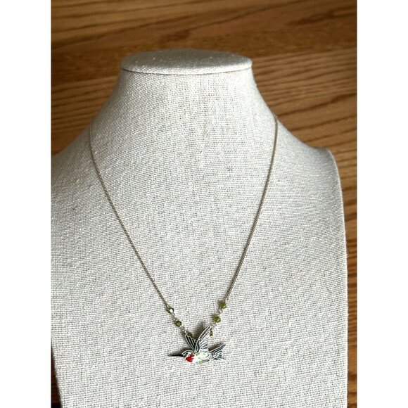 Hummingbird Pendant Necklace With Green Beads On Silver Chain 18 Inches Dainty - Picture 5 of 6